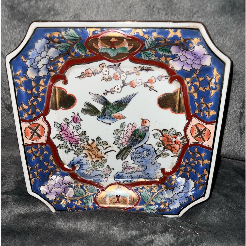 Vintage Chinese Porcelain Hand Painted Macau Flowers Birds Square Dish Bird Dish